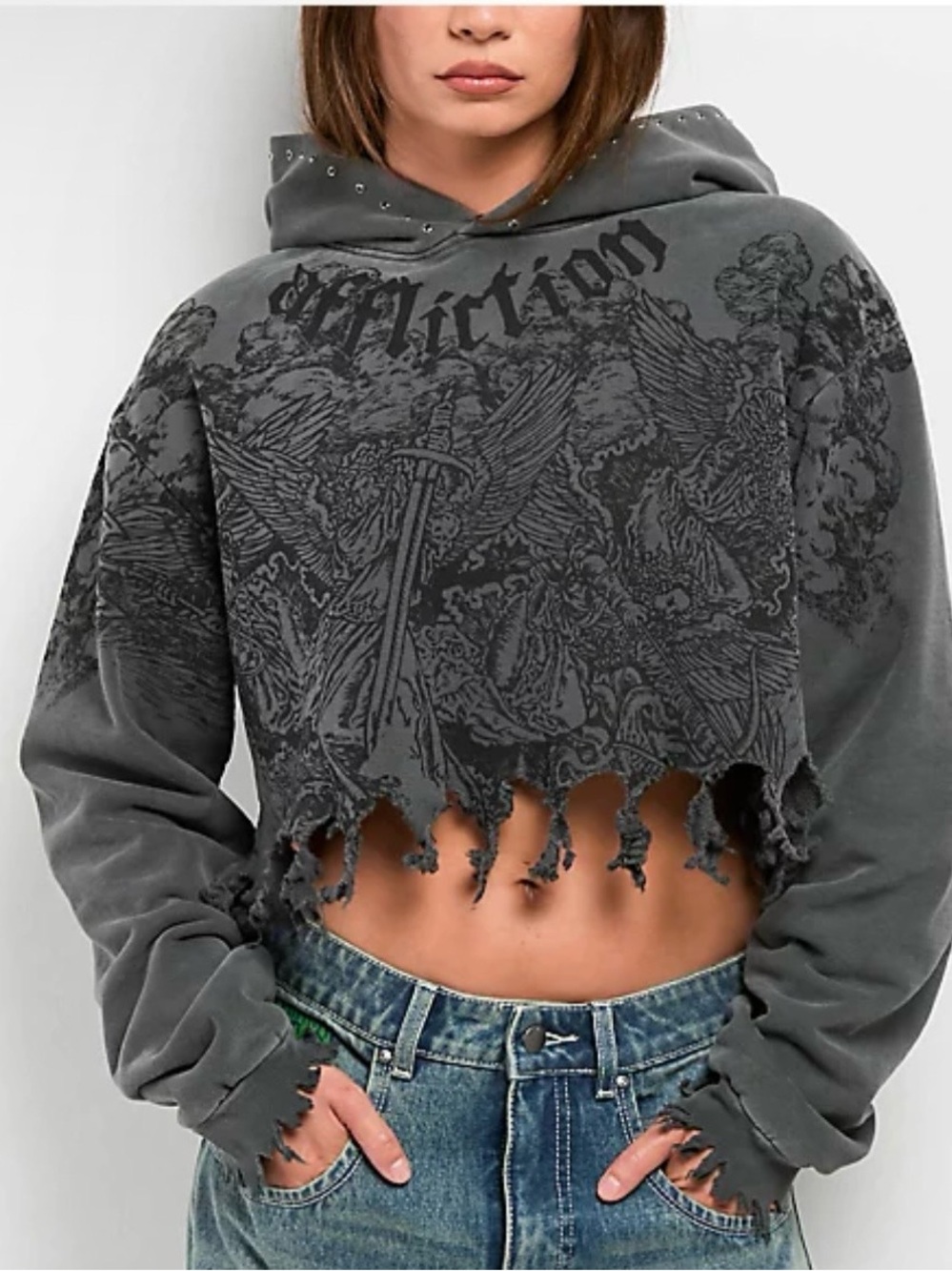 Affliction Angels Distressed Grey Wash Boxy Crop